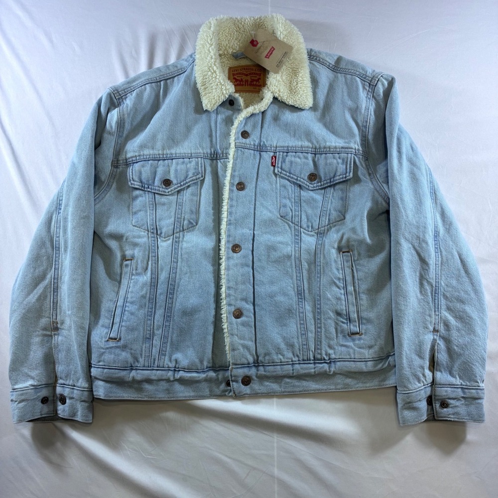 Levis Ex-Boyfriend‎ Sherpa Trucker Jacket Light Wash Denim Faux Fur Lined Large